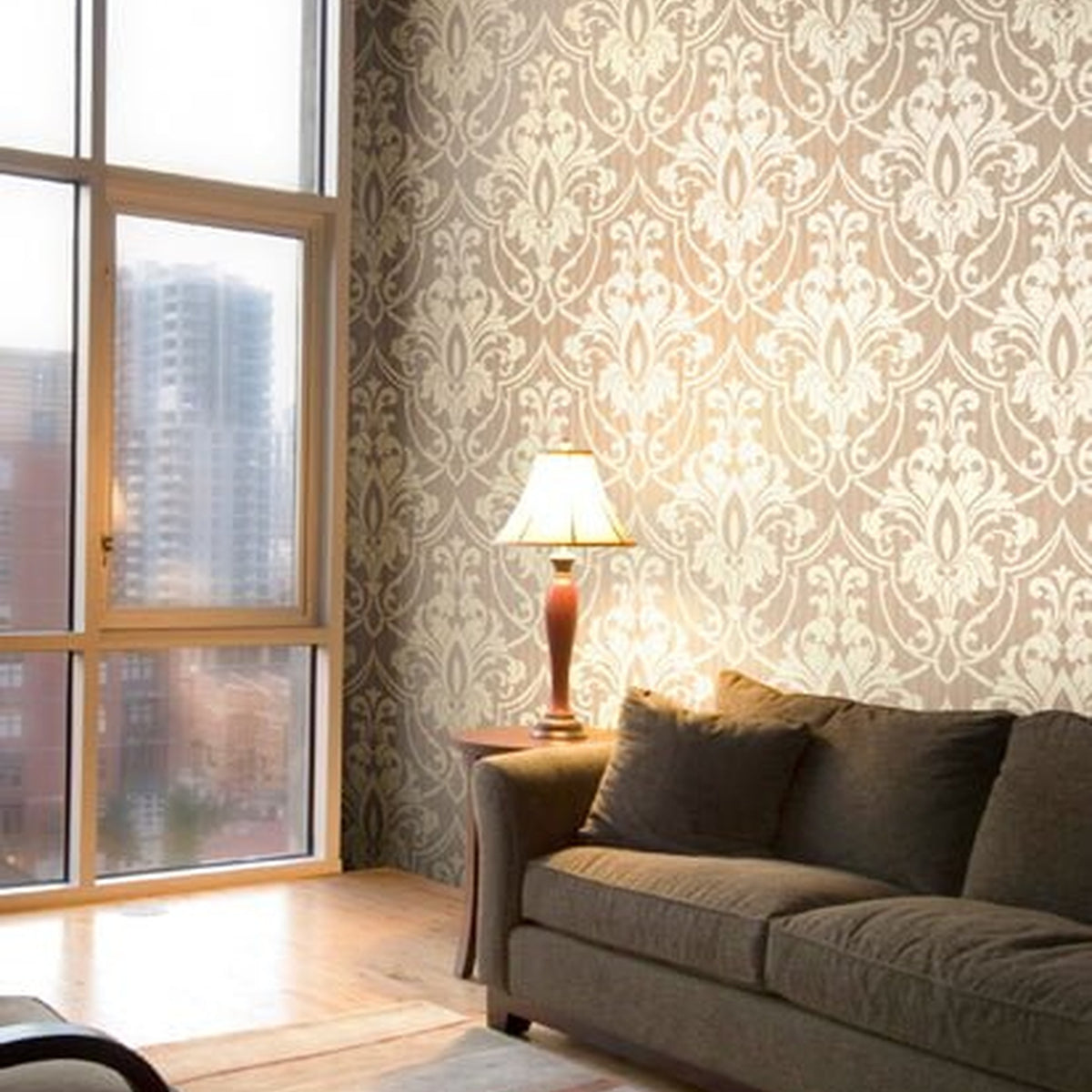 St Petersburg Damask wallpaper by Cole & Son in Metallic Gilver on Taupe, room setting