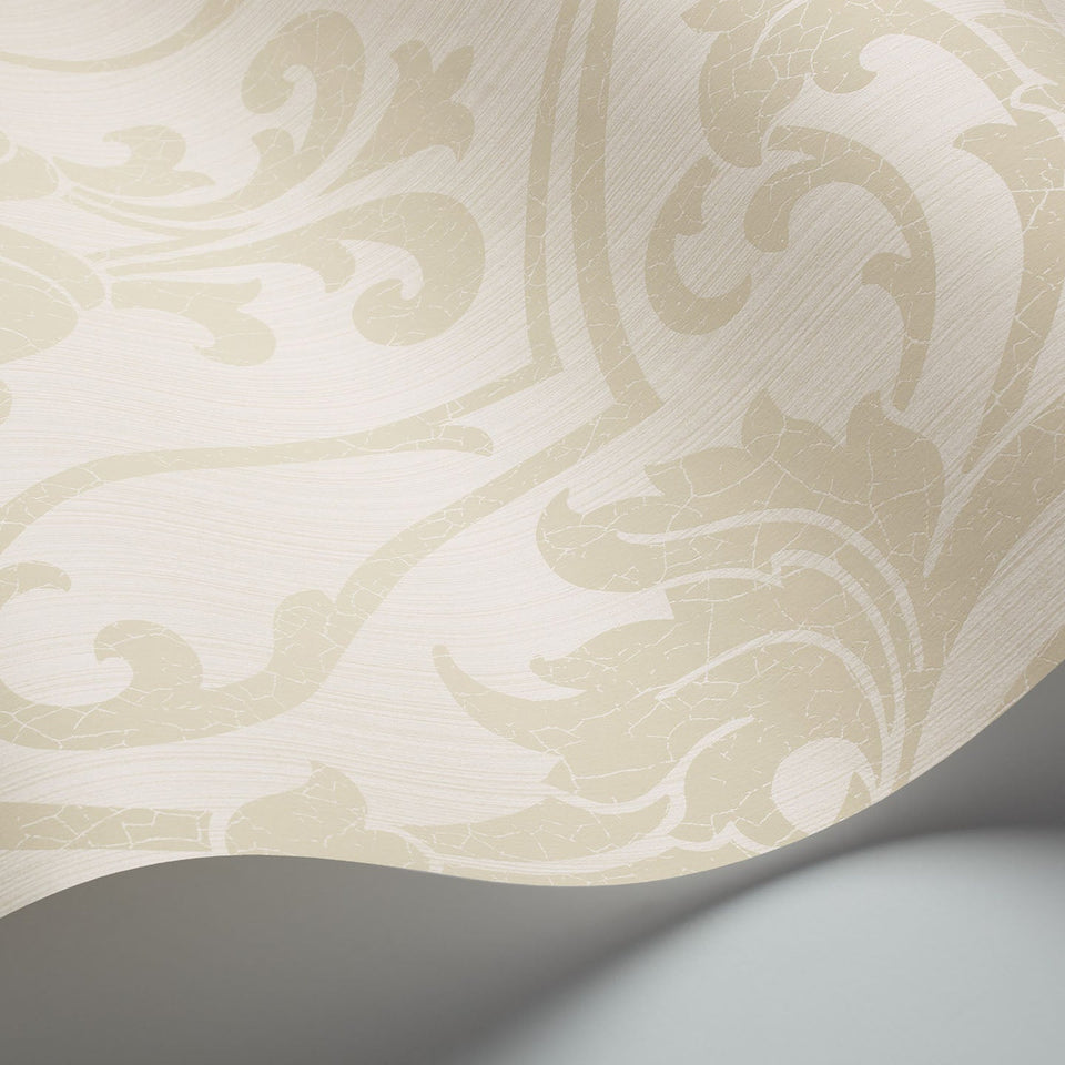 St Petersburg Damask wallpaper by Cole & Son in Parchment on White, surface detail