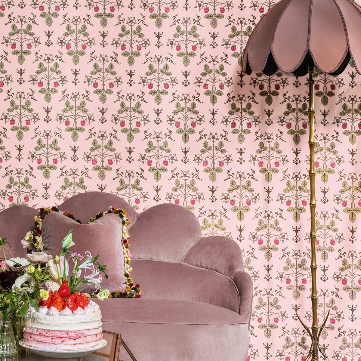 Strawberry wallpaper by Cole & Son in Chelsea Pink, room setting