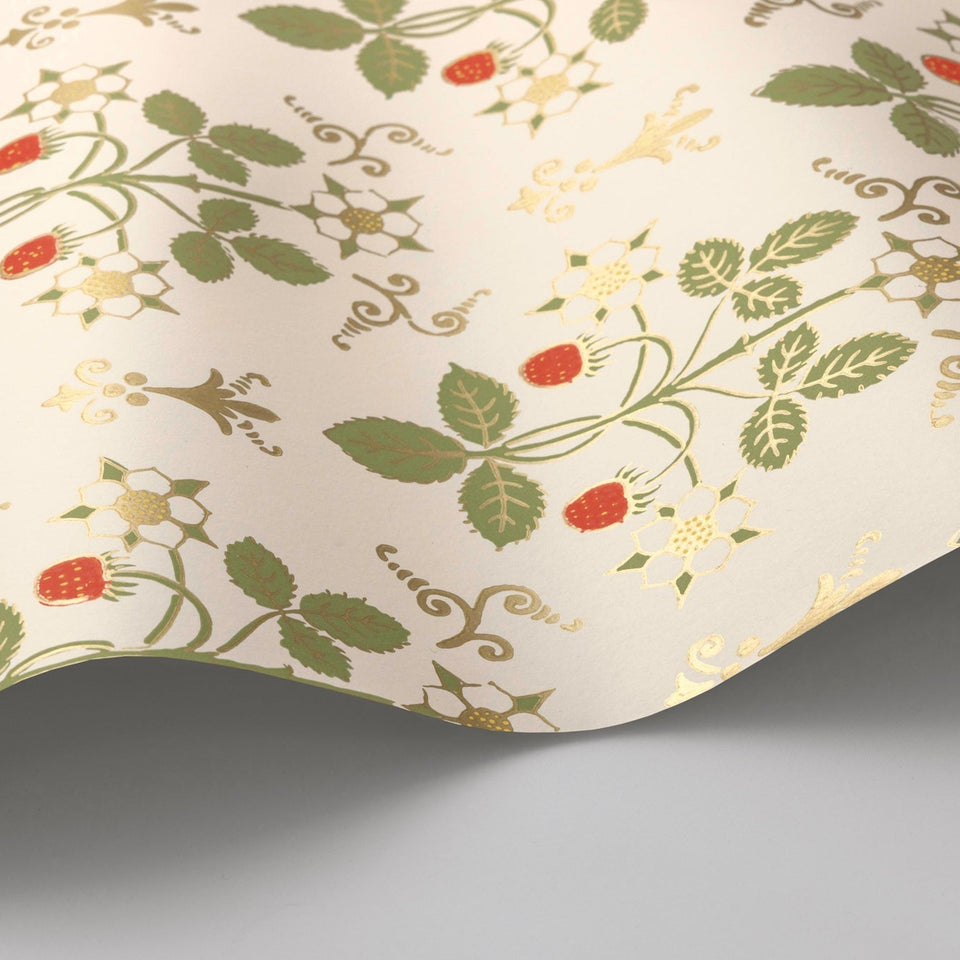 Strawberry wallpaper by Cole & Son in Poppy, Spring Green & Metallic Gold on Stone, surface detail