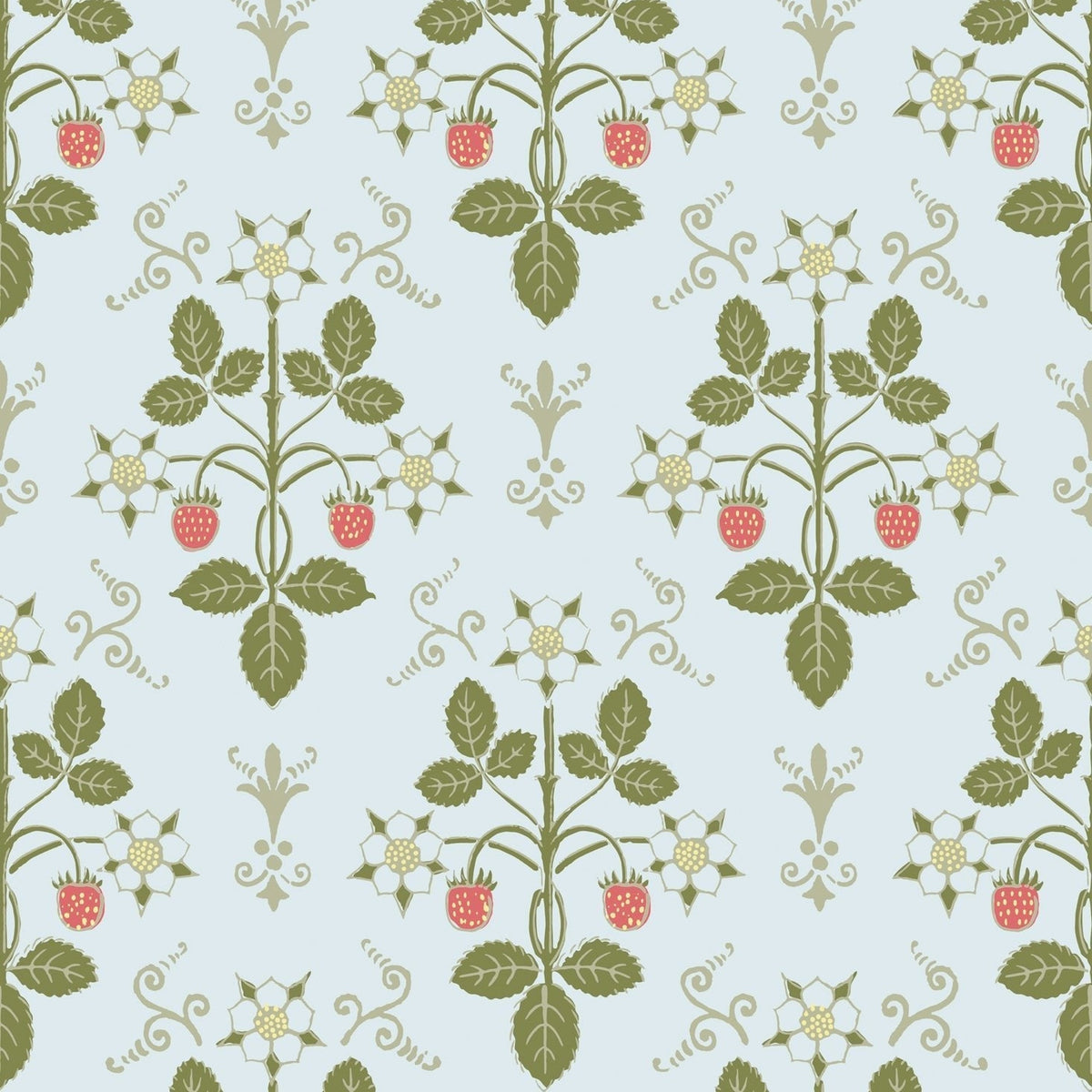Strawberry wallpaper by Cole & Son in Olive on Print Room Blue, pattern