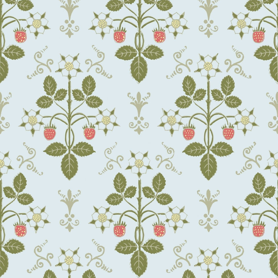 Strawberry wallpaper by Cole & Son in Olive on Print Room Blue, pattern