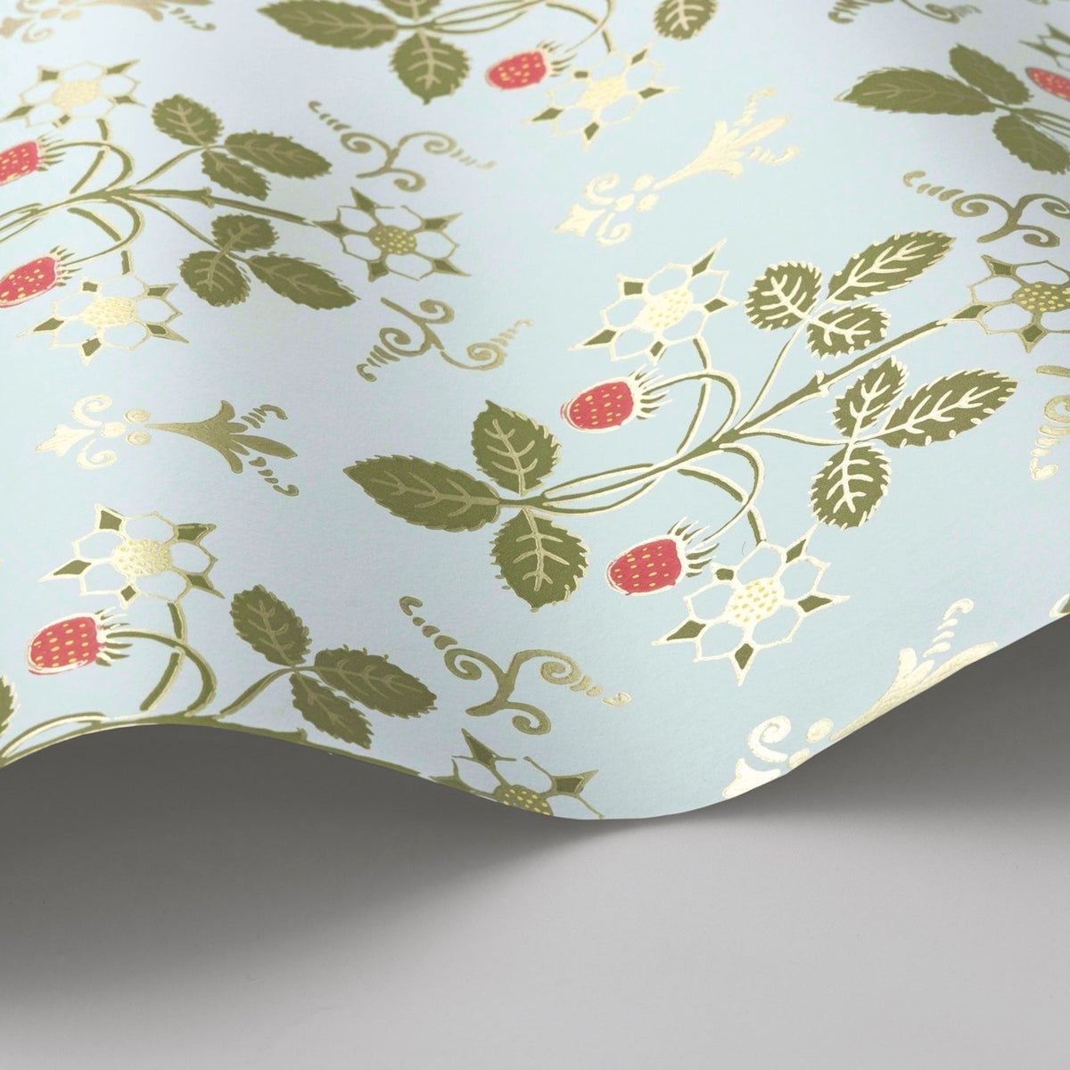 Strawberry wallpaper by Cole & Son in Olive on Print Room Blue, surface detail