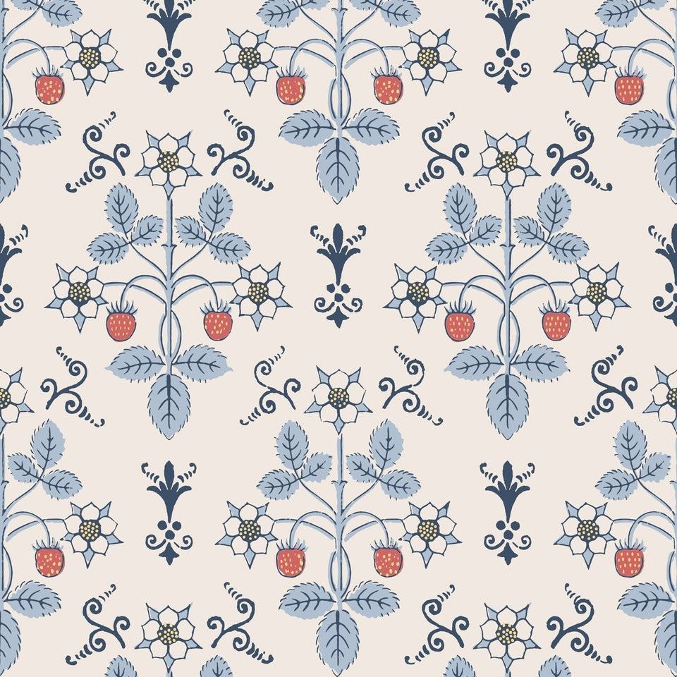 Strawberry wallpaper by Cole & Son in China Blue on Cream, pattern