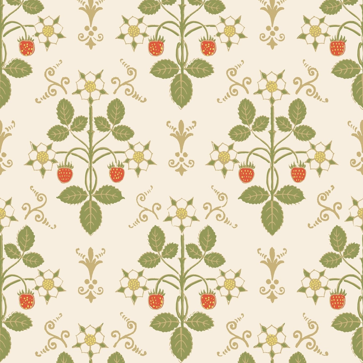 Strawberry wallpaper by Cole & Son in Poppy, Spring Green & Metallic Gold on Stone, pattern