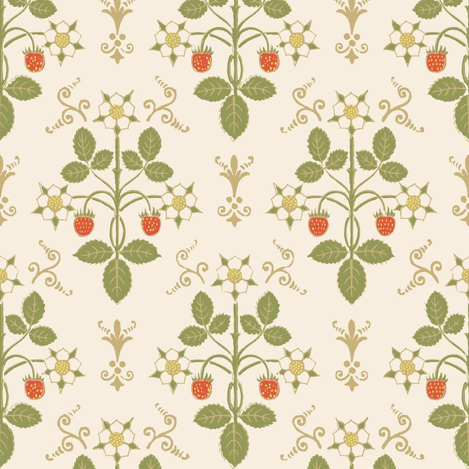 Strawberry wallpaper by Cole & Son in Poppy, Spring Green & Metallic Gold on Stone, pattern