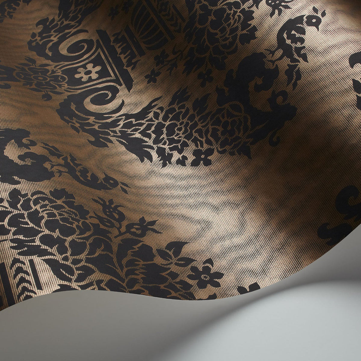 Sudbury wallpaper by Cole & Son in Black on Metallic Bronze, surface detail