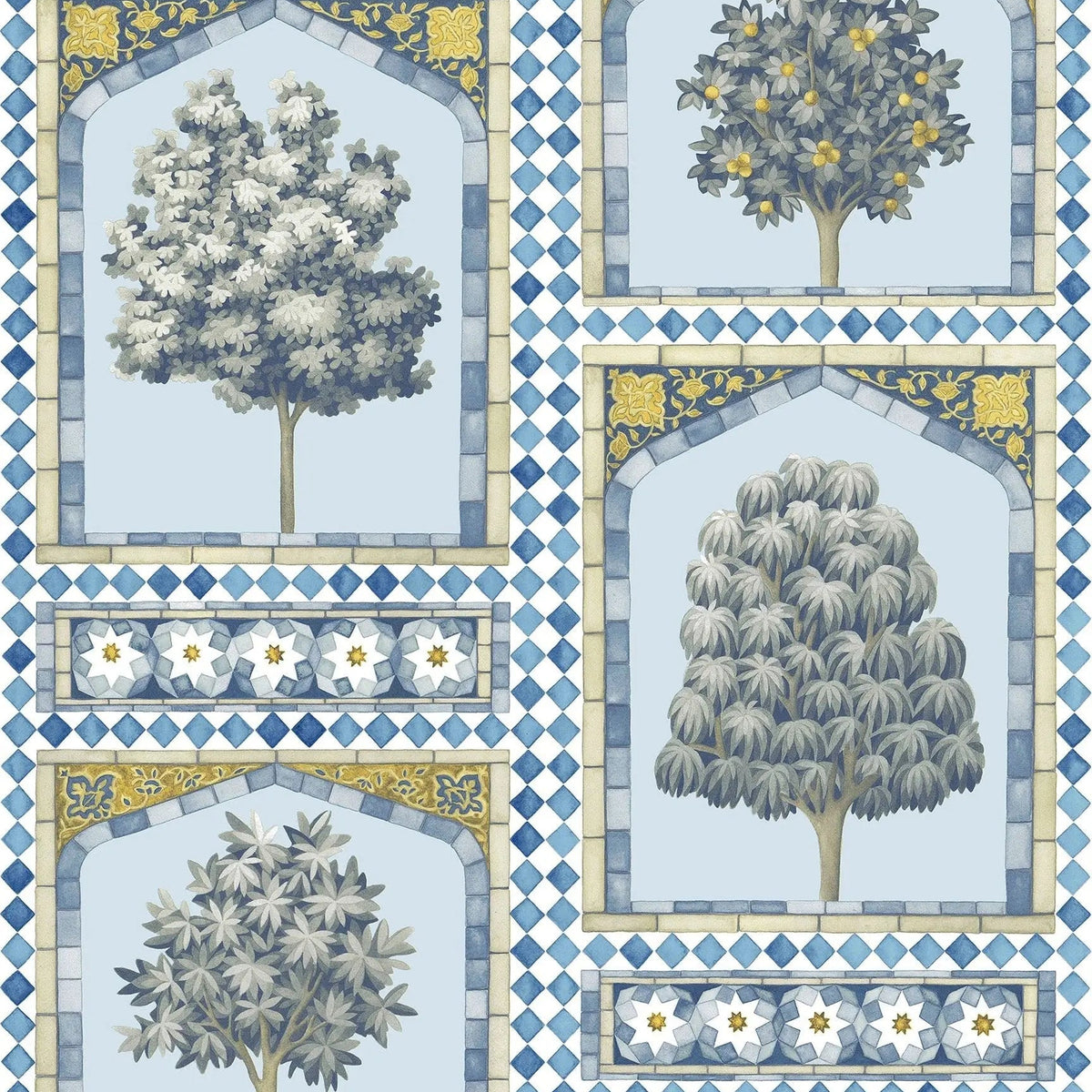 Sultan’s Palace wallpaper by Cole & Son in China Blue & Ochre, pattern