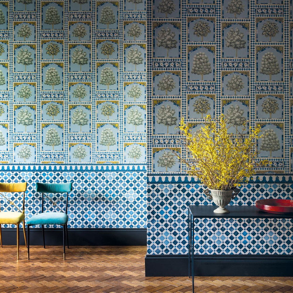 Sultan’s Palace wallpaper by Cole & Son in China Blue & Ochre, room setting with coordinating Zellige wallpaper sold separately