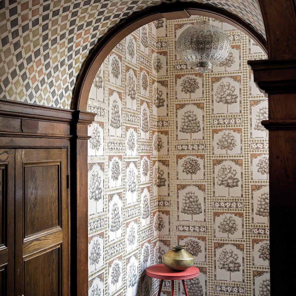 Sultan’s Palace wallpaper by Cole & Son in Metallic Gold & Spice, room setting with coordinating Zellige wallpaper sold separately