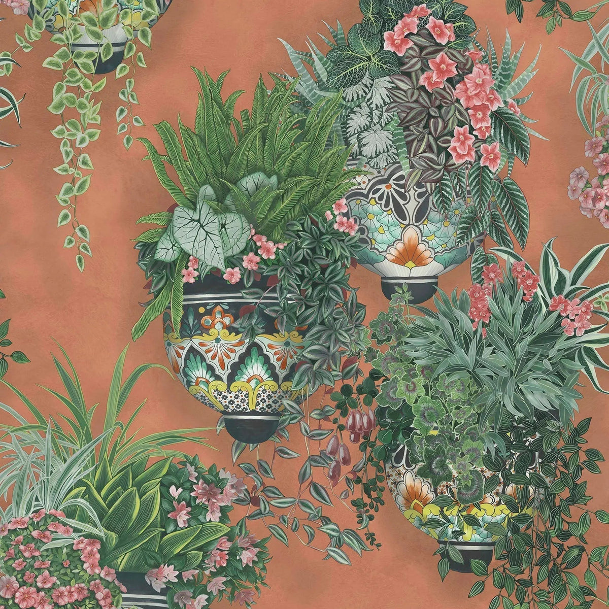 Talavera wallpaper by Cole & Son in Rose & Spring Greens on Terracotta, pattern