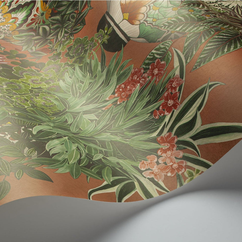 Talavera wallpaper by Cole & Son in Rose & Spring Greens on Terracotta, surface detail