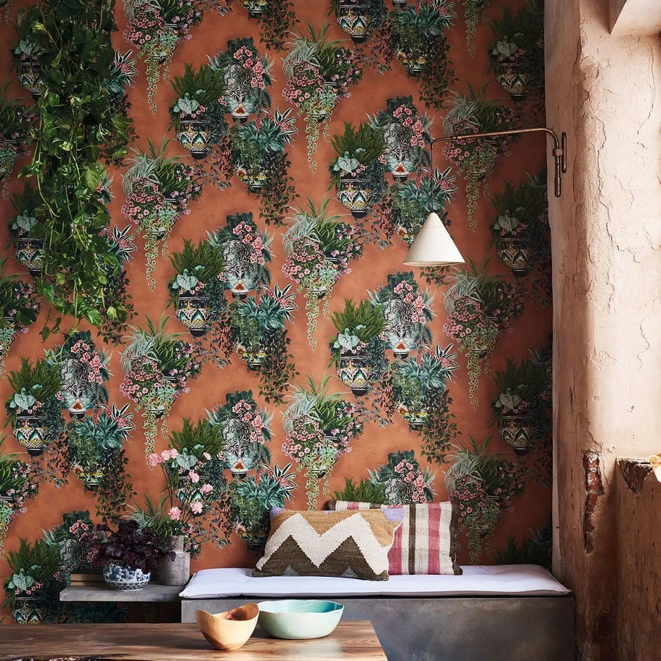 Talavera wallpaper by Cole & Son in Rose & Spring Greens on Terracotta, room setting