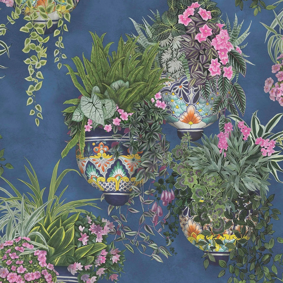 Talavera wallpaper by Cole & Son in Fuchsia & Forest Greens on Cerulean Sky, pattern