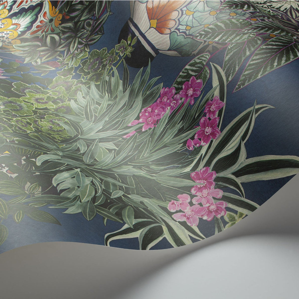 Talavera wallpaper by Cole & Son in Fuchsia & Forest Greens on Cerulean Sky, surface detail