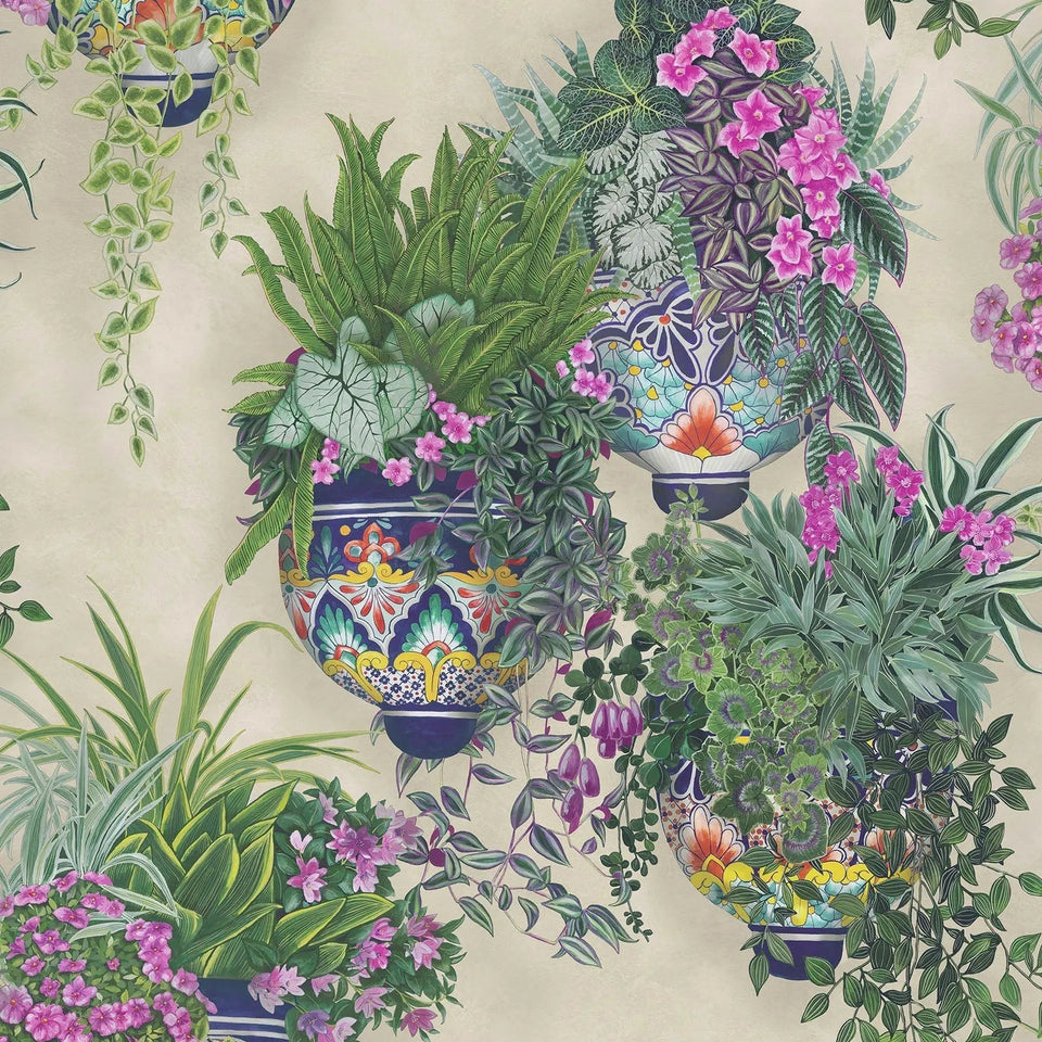 Talavera wallpaper by Cole & Son in Magenta & Spring Greens on Stone, pattern