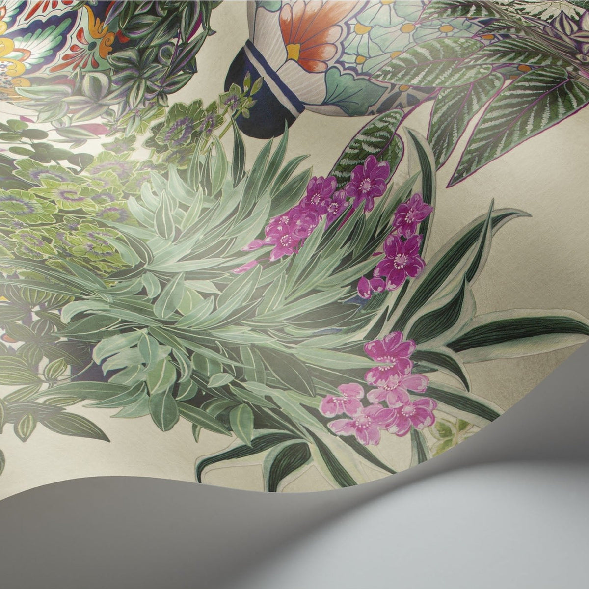 Talavera wallpaper by Cole & Son in Magenta & Spring Greens on Stone, surface detail