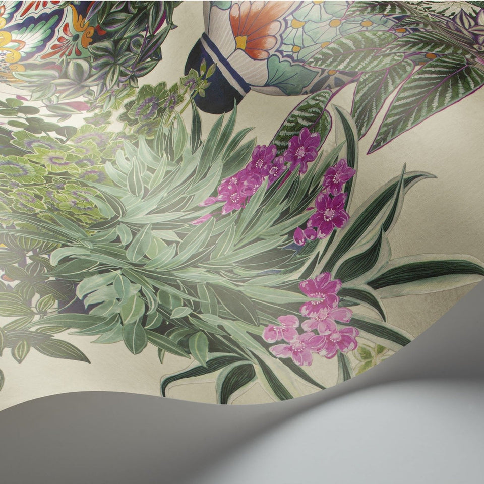 Talavera wallpaper by Cole & Son in Magenta & Spring Greens on Stone, surface detail