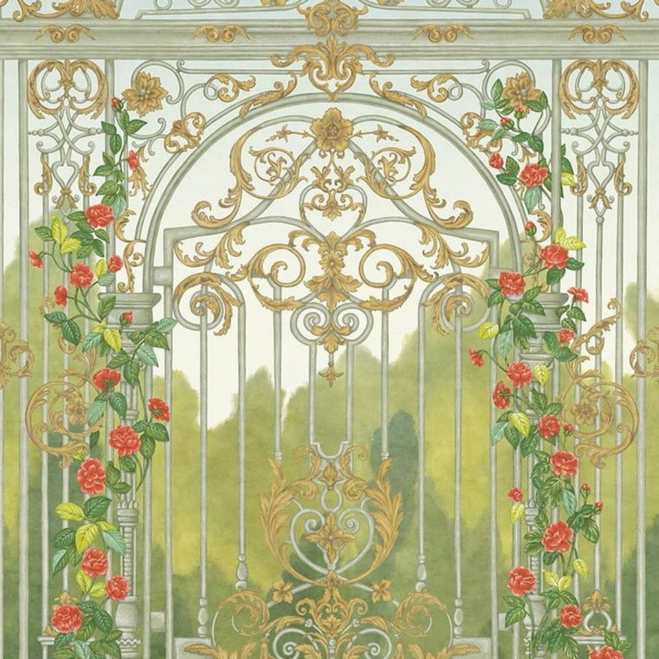 Tijou Gate wallpaper by Cole & Son in Spring Green, Soft Olive & Rouge, cropped panel detail