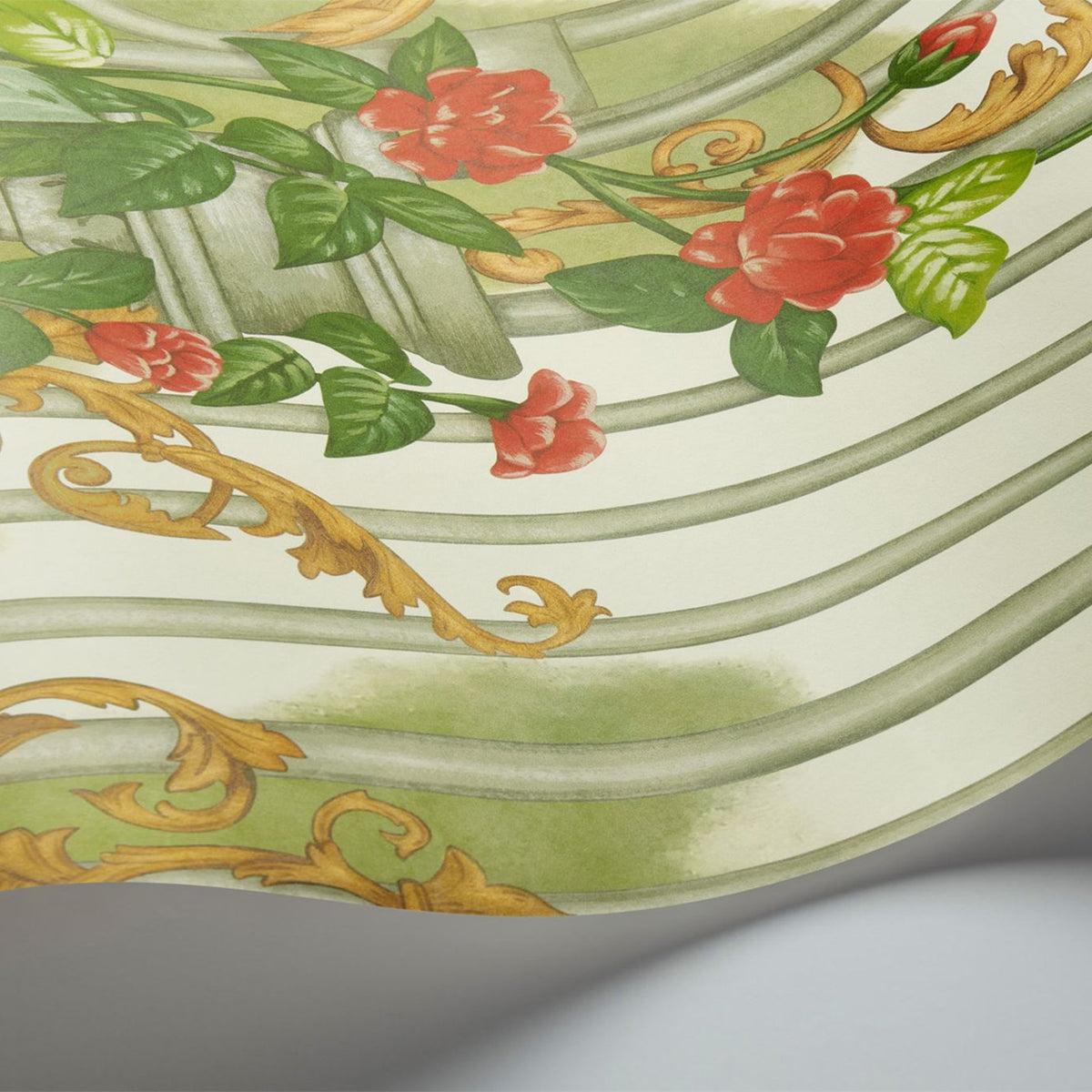 Tijou Gate wallpaper by Cole & Son in Spring Green, Soft Olive & Rouge, surface detail