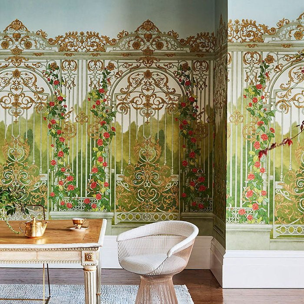 Tijou Gate wallpaper by Cole & Son in Spring Green, Soft Olive & Rouge, room setting