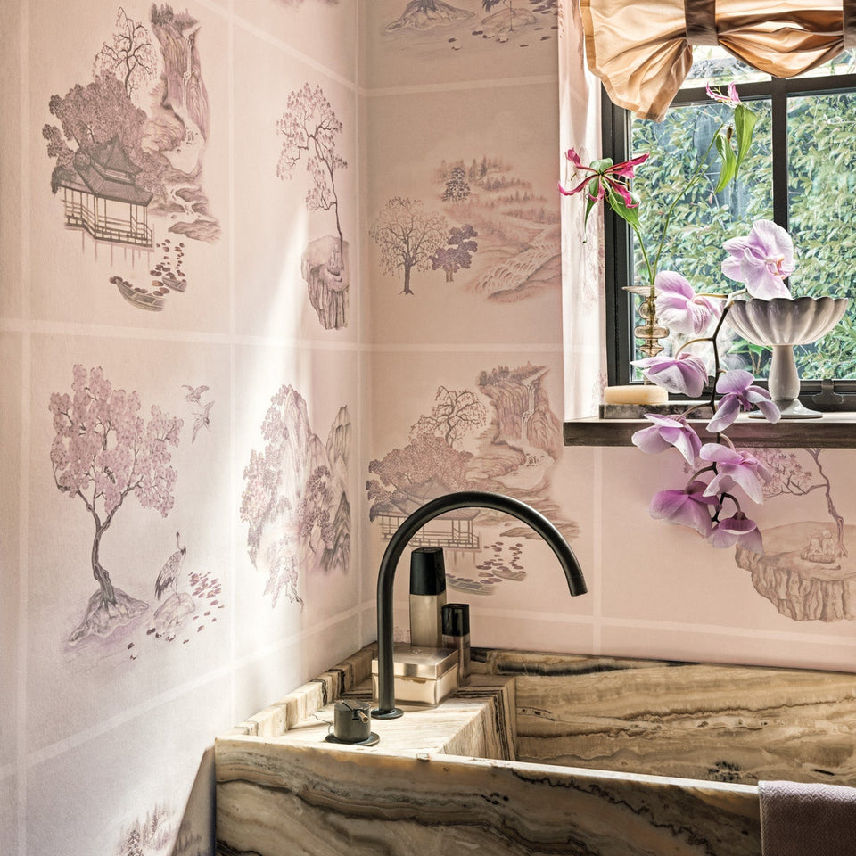 Tile Toile wallpaper by Cole & Son in Pink, room setting