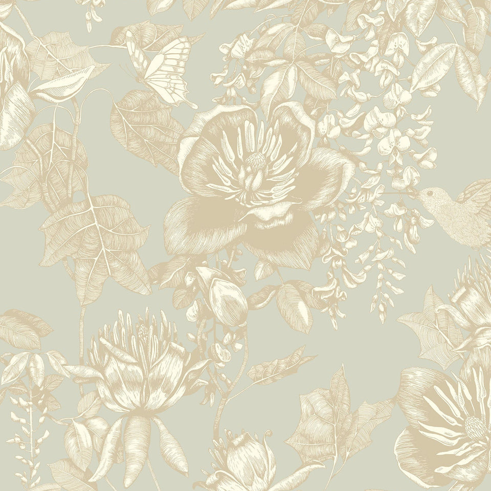 Tivoli wallpaper by Cole & Son in Metallic Gilver on Old Olive, pattern