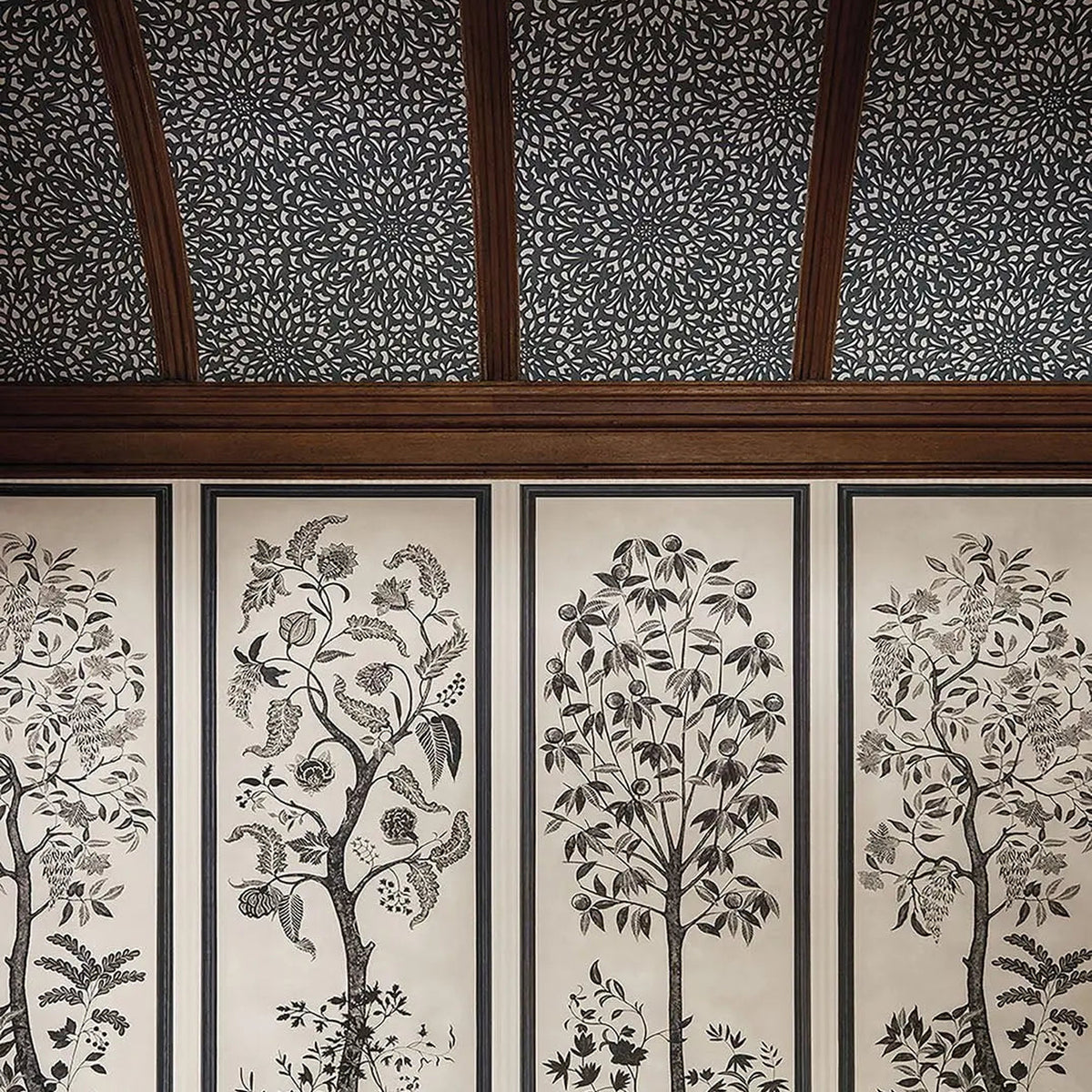 Trees of Eden Eternity wallpaper by Cole & Son in Charcoal & Parchment, room setting with coordinating Paradise, Life and Medina wallpapers sold separately