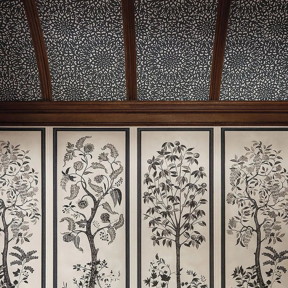 Trees of Eden Eternity wallpaper by Cole & Son in Charcoal & Parchment, room setting with coordinating Paradise, Life and Medina wallpapers sold separately