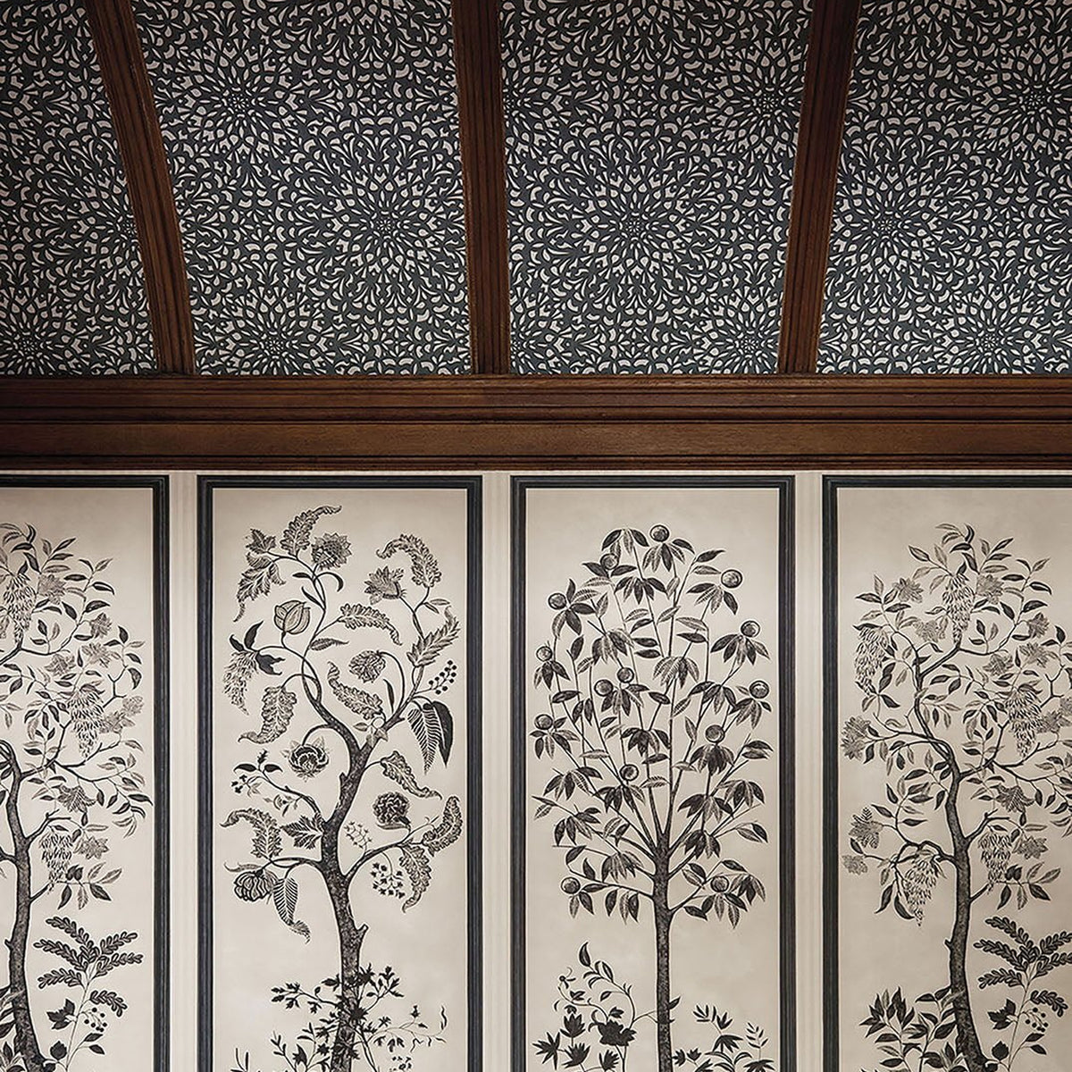 Trees of Eden Life wallpaper by Cole & Son in Charcoal & Parchment, room setting with coordinating Eternity, Paradise and Medina wallpapers sold separately