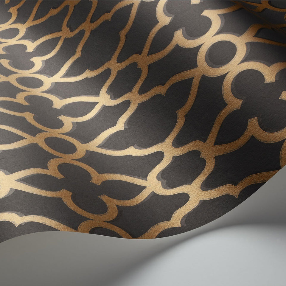 Treillage wallpaper by Cole & Son in Metallic Bronze on Charcoal, surface detail