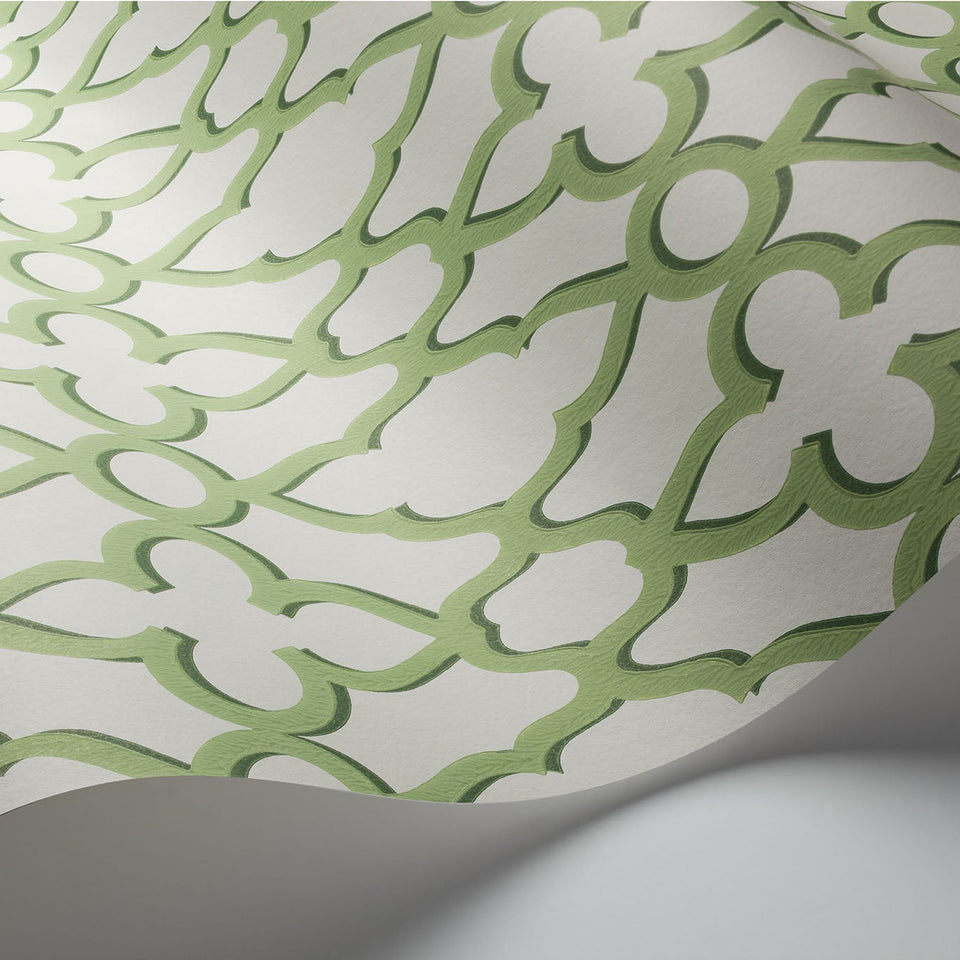 Treillage wallpaper by Cole & Son in Leaf Green on Chalk, surface detail