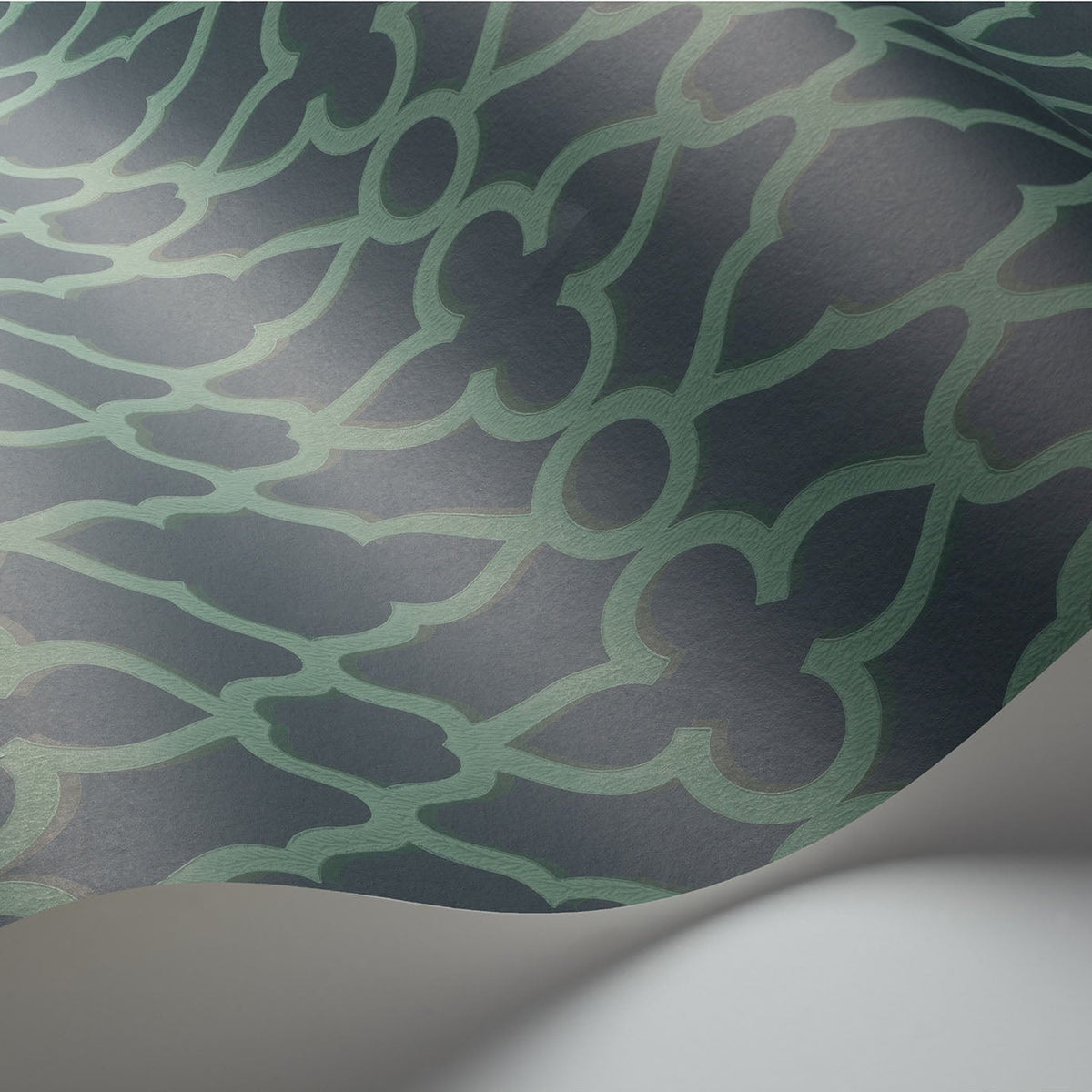 Treillage wallpaper by Cole & Son in Viridian on Ink, surface detail