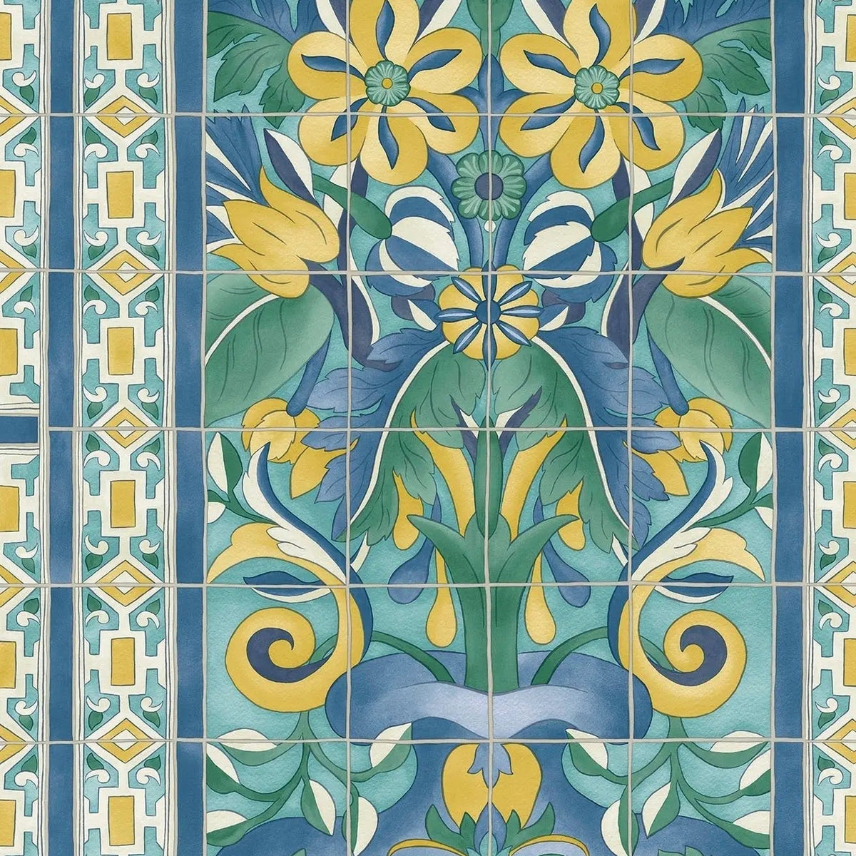 Triana wallpaper by Cole & Son in Canary Yellow & China Blue on Teal, pattern