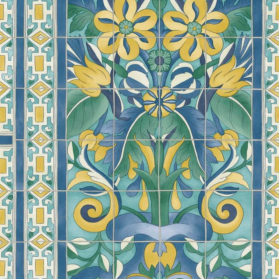 Triana wallpaper by Cole & Son in Canary Yellow & China Blue on Teal, pattern