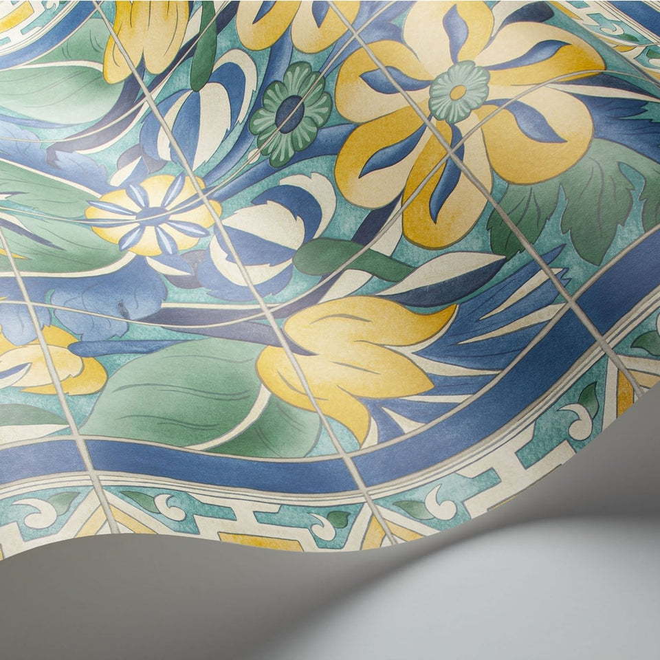 Triana wallpaper by Cole & Son in Canary Yellow & China Blue on Teal, surface detail