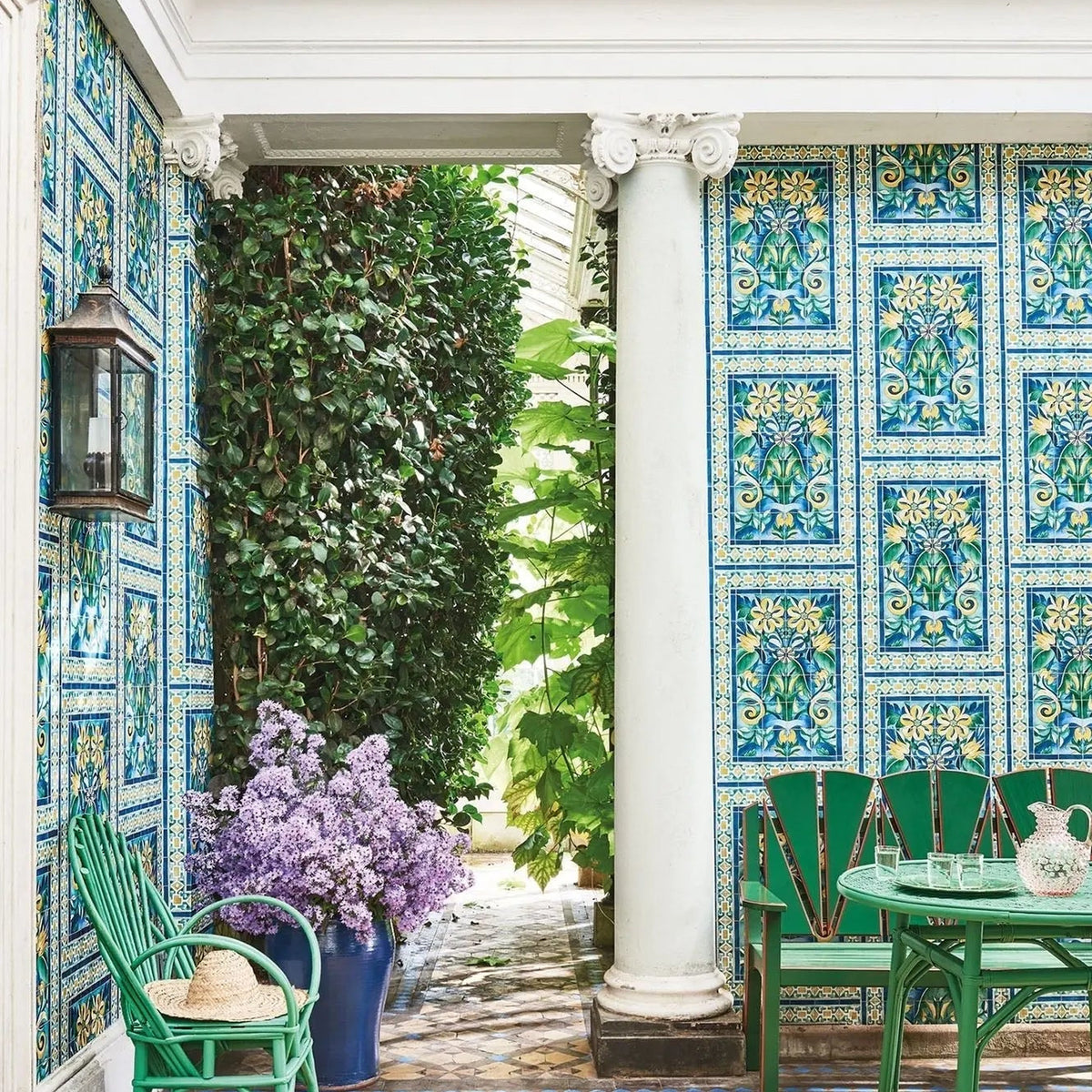 Triana wallpaper by Cole & Son in Canary Yellow & China Blue on Teal, styled setting