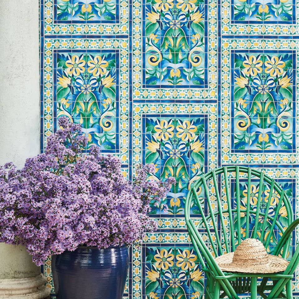 Triana wallpaper by Cole & Son in Canary Yellow & China Blue on Teal, styled setting detail
