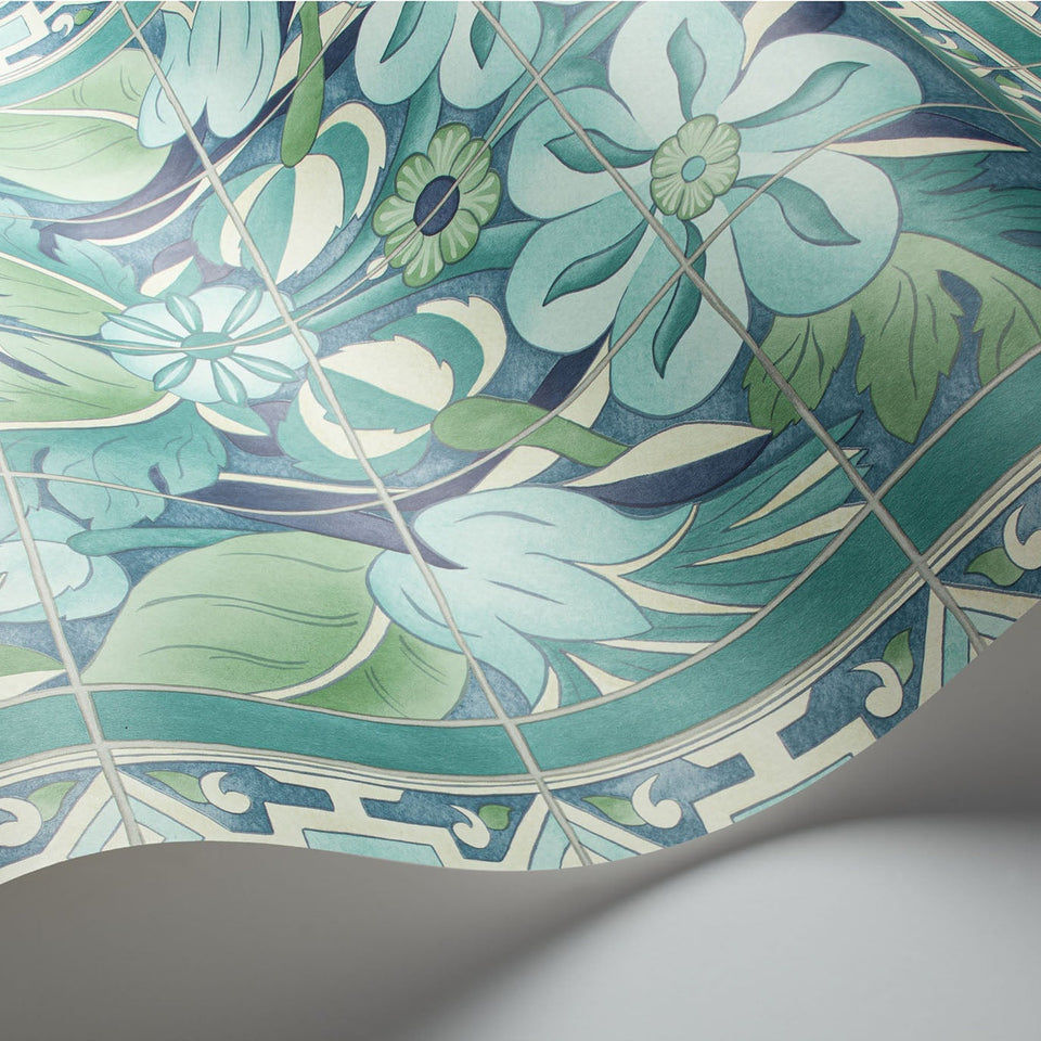 Triana wallpaper by Cole & Son in Teal & Dark Teal on Denim, surface detail