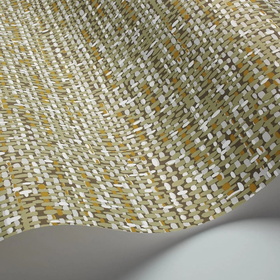 Tweed wallpaper by Cole & Son in Soft Olive & Grey on Soot, curved wallpaper detail