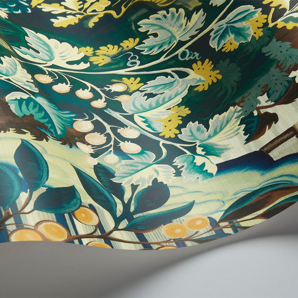 Verdure Tapestry wallpaper, curved detail in Viridian, Teal, Ink & Chartreuse