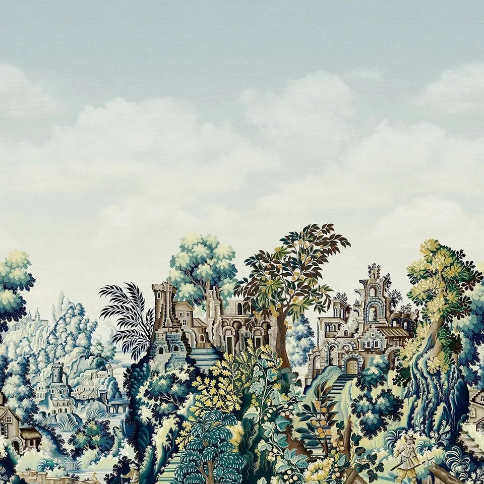 Verdure Tapestry wallpaper by Cole & Son in Viridian, Teal, Ink & Chartreuse, cropped mural detail, 118/17038
