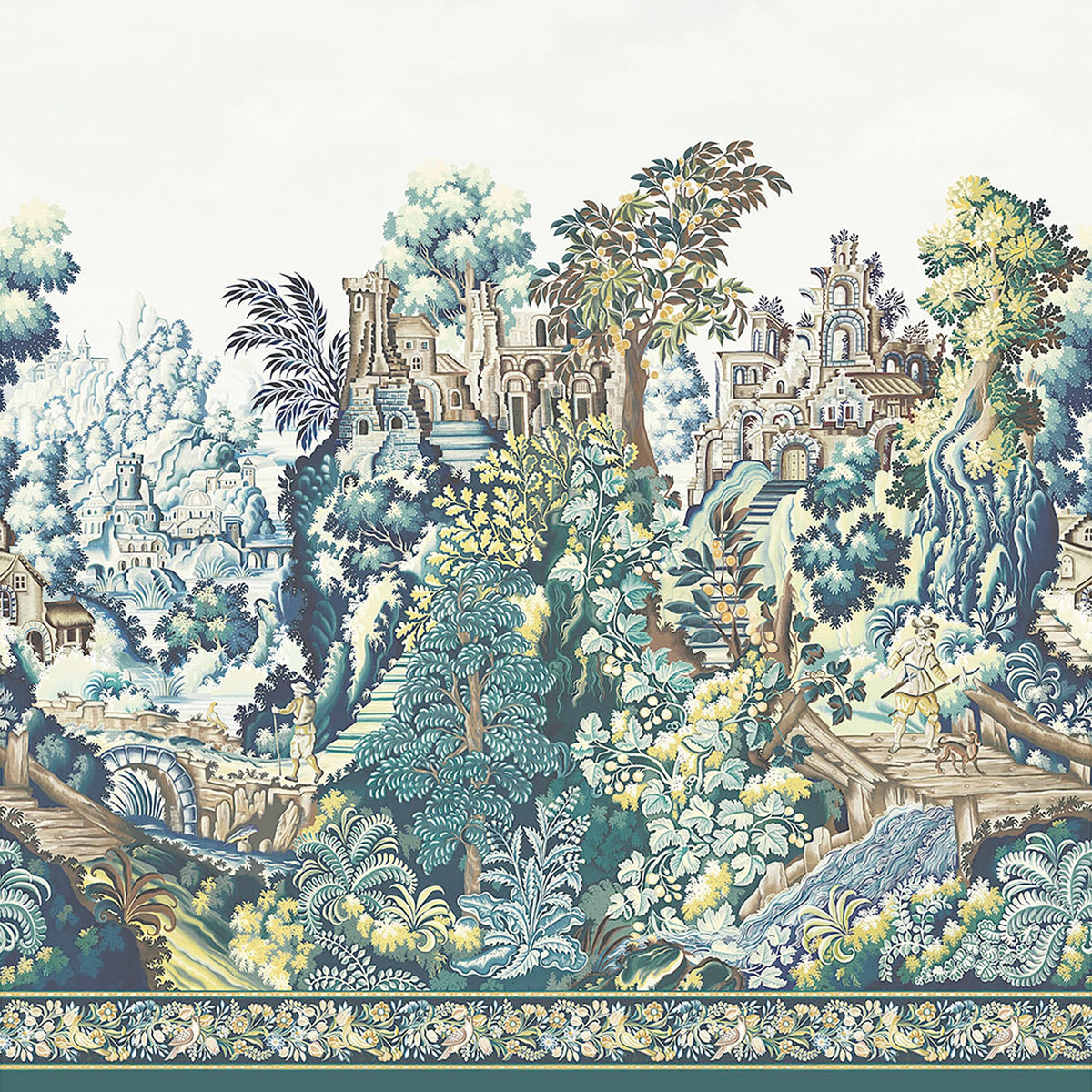 Cole & Son Verdure Tapestry Silk in Petrol, Teal, Seafoam & Lemon — cropped mural detail