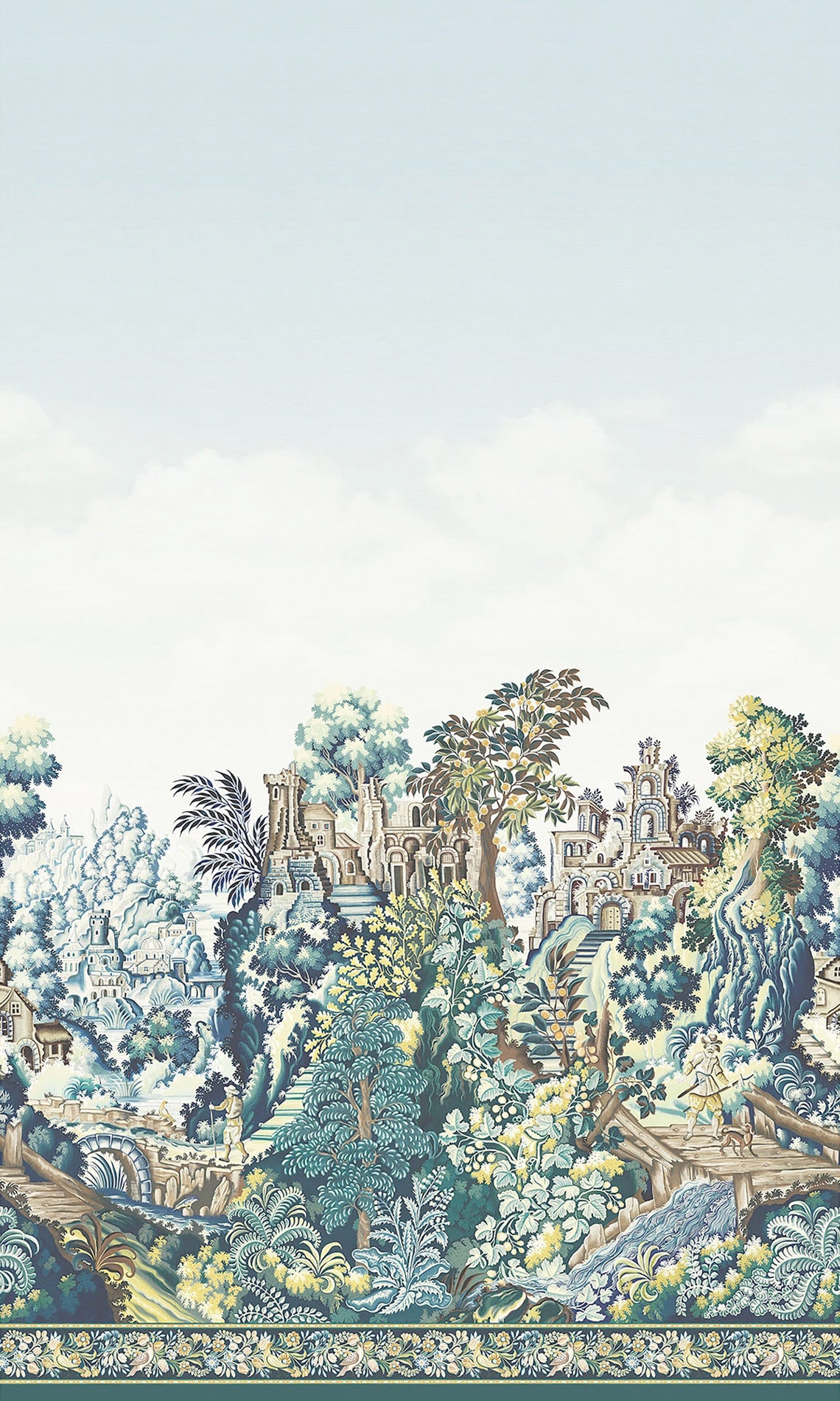 Cole & Son Verdure Tapestry Silk in Petrol, Teal, Seafoam & Lemon — full mural view