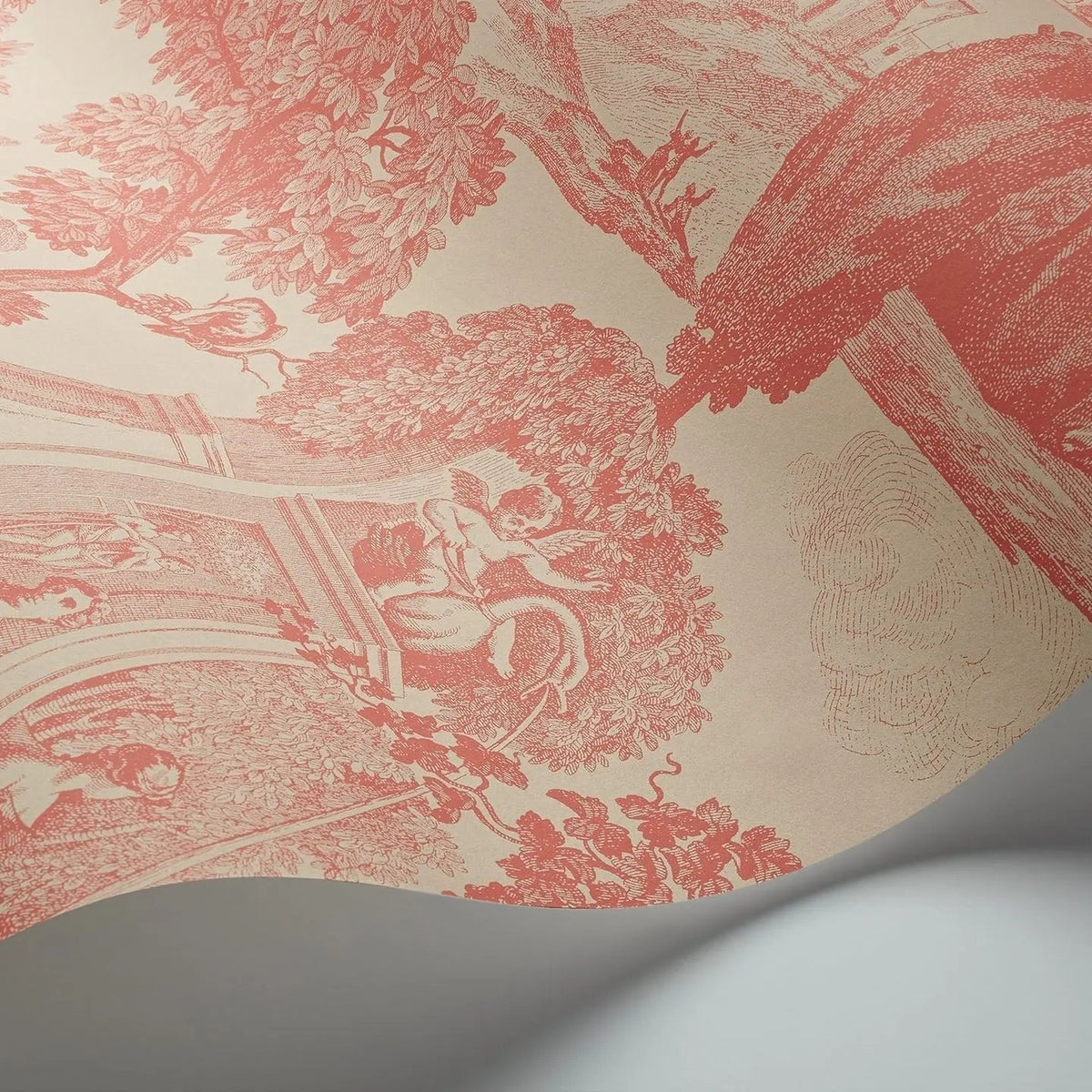 Versailles wallpaper by Cole & Son in Coral on Stone, curved wallpaper detail