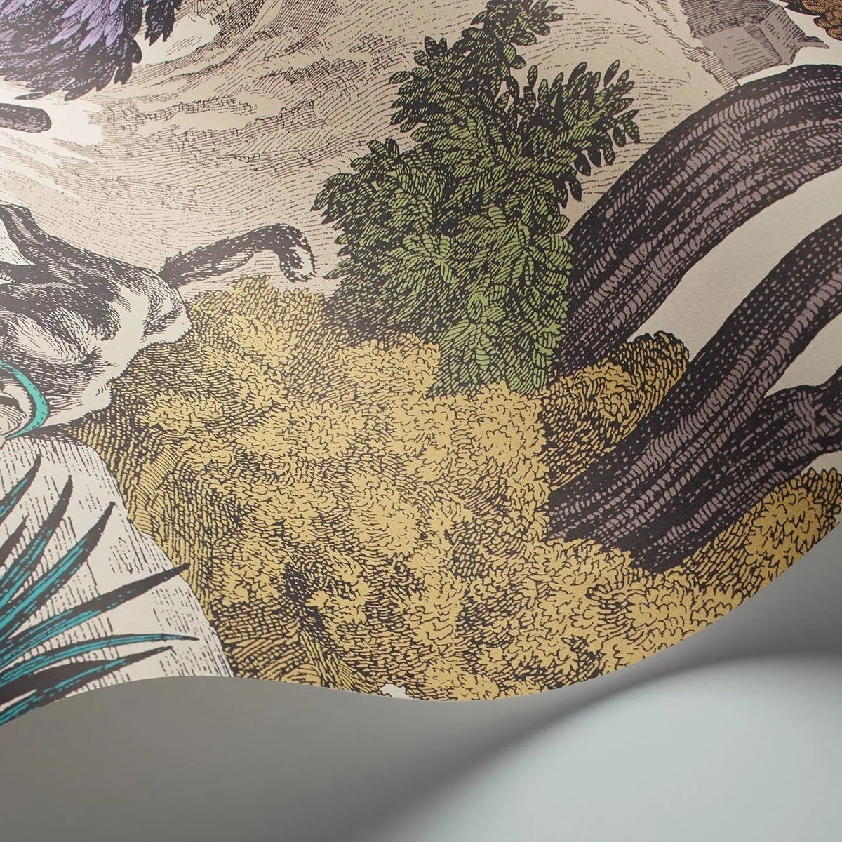 Versailles Grand in Purple & Safari on White, curved wallpaper detail