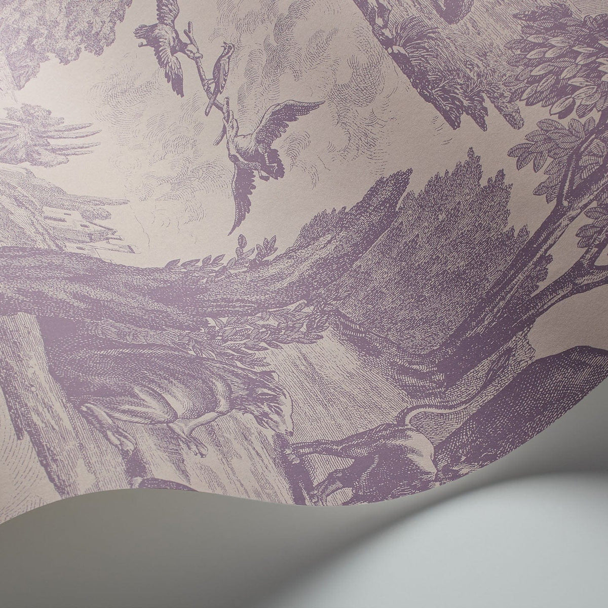 Versailles wallpaper by Cole & Son in Lilac Grey on Dove, curved wallpaper detail