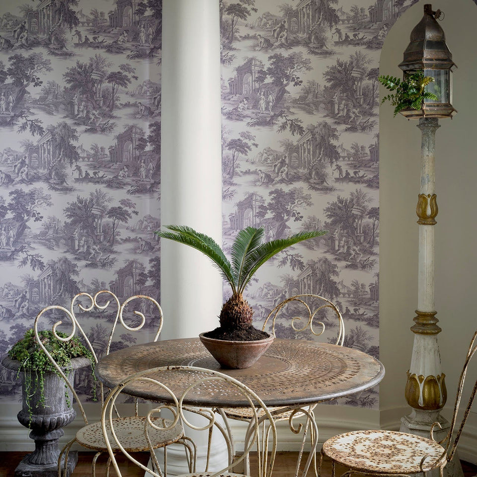 Cole & Son Villandry wallpaper in Pale Violet on Dove room setting