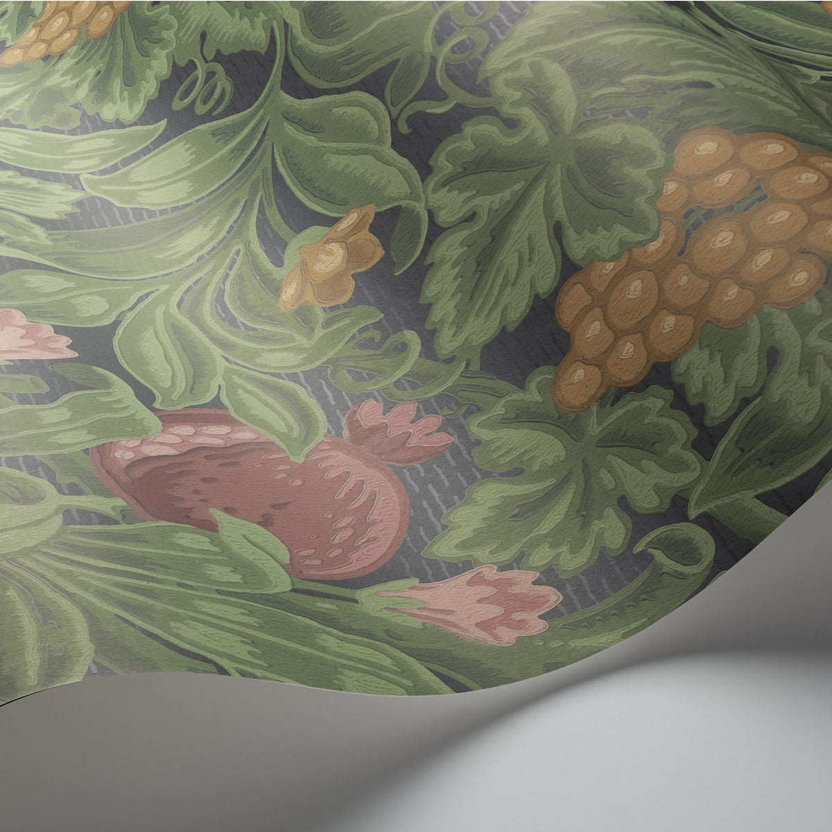 Cole & Son Vines of Pomona wallpaper in Crimson & Olive on Charcoal detail