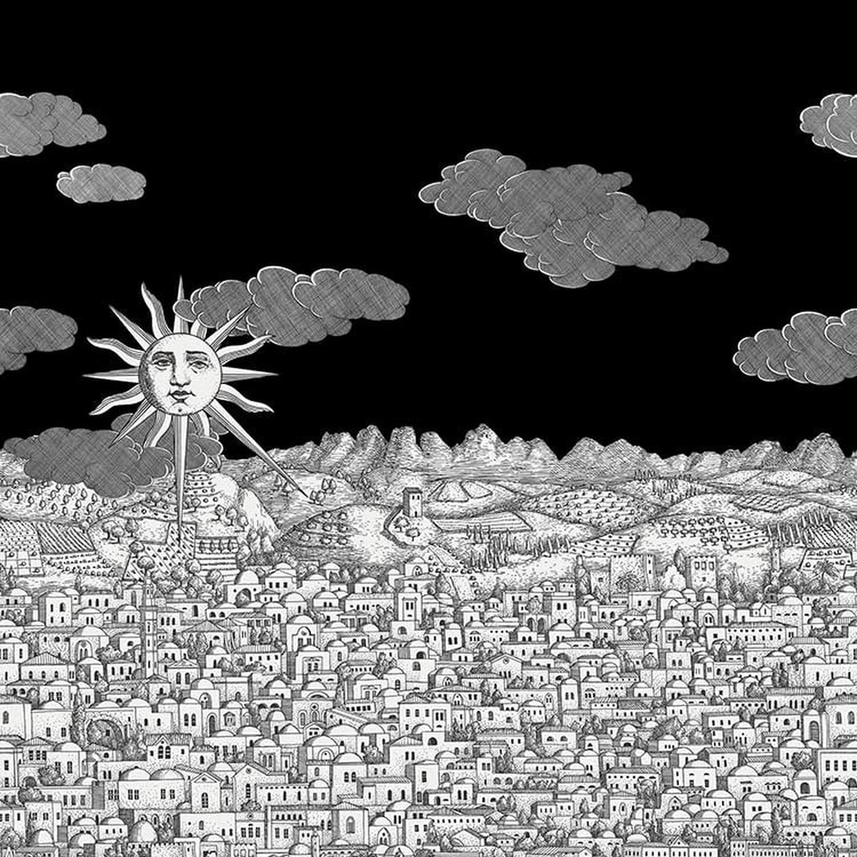 Cole & Son Fornasetti Vista Mediterranea in Charcoal Sky mural detail